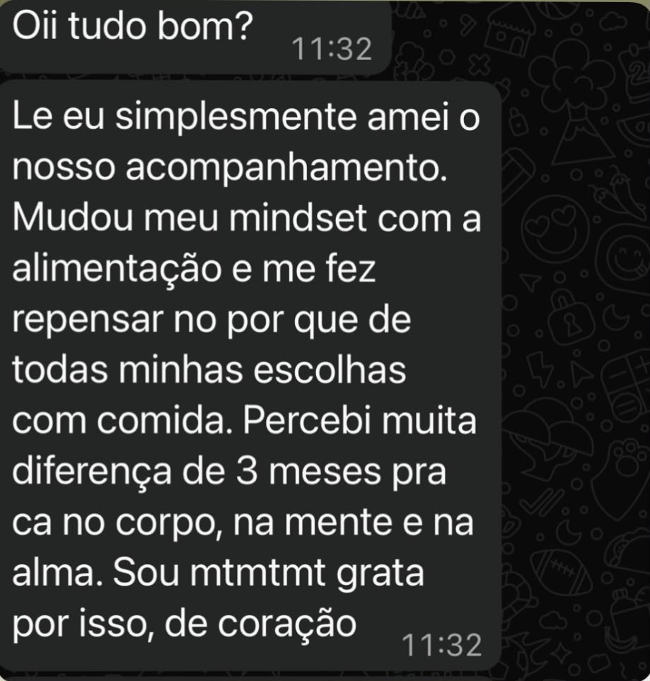 Print de WhatsApp: depoimento de Maithe F. sobre mudança de mindset com a alimentação